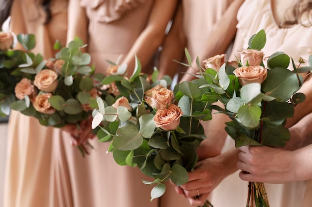 Women standing in a row, each holding a bouquet of flowers.